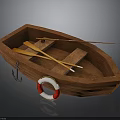 Wooden Boat Model Interior With Oars Life Ring And Anchor