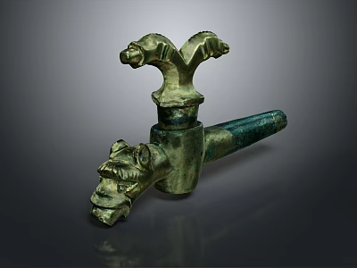 Ancient Bronze Artifact With Mythical Beast Head Design And Green Patina Surface 3d model