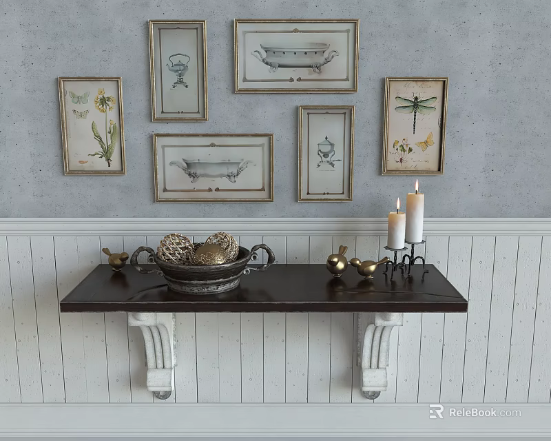 Charming Wall Cabinets with Framed Artwork and Decorative Items on Gray Wainscot Wall 3d model