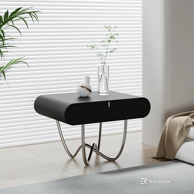 Modern Black Bedside Table With Curved Metal Legs Small Green Plant Vase Decor 3d model 