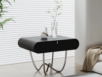 Modern Black Bedside Table With Curved Metal Legs Small Green Plant Vase Decor 3d model