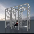 White Arched Pergola With Lattice Design And Wicker Chairs In Outdoor Relaxing Area