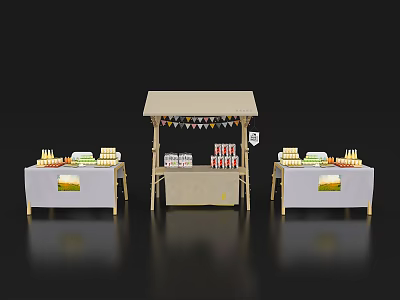 Small Stall With Canopy And Tables On Both Sides Displaying Cakes And Drinks 3d model