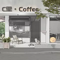 Modern Coffee Shop Storefront Design With Outdoor Chairs Cat And Potted Plants