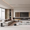 Modern Living and Dining Room Interior With Sofa Coffee Table TV Wall Bookshelves And Fireplace