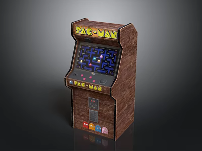 Retro Pac Man Arcade Machine Featuring Wooden Cabinet And Game Screen With Maze Characters 3d model