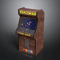 Retro Pac Man Arcade Machine Featuring Wooden Cabinet And Game Screen With Maze Characters