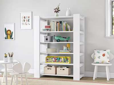 Kids White Bookshelf With Books Toy Car Storage Boxes And Wall Art In Room 3d model