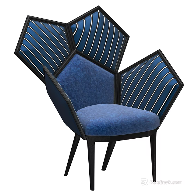 Modern Single Chair With Blue Upholstery Striped Backrest And Black Frame 3d model 