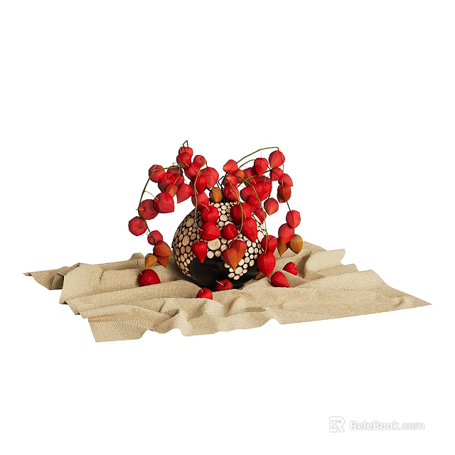 Black Vase With White Cutout Patterns Holding Red Berry Flowers On Burlap Cloth 3d model 
