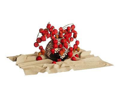 Black Vase With White Cutout Patterns Holding Red Berry Flowers On Burlap Cloth 3d model