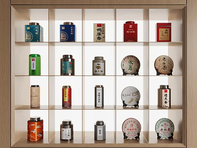 Modern Tea Display Cabinet With Various Tea Cans And Cakes Neatly Arranged 3d model