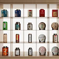 Modern Tea Display Cabinet With Various Tea Cans And Cakes Neatly Arranged