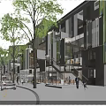 Vibrant Commercial Street With Modern Buildings Lush Greenery Pedestrians And Cyclists Trees