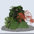 Courtyard Garden Landscaping With Natural Rock Formation Green Shrubs Red Maple Tree And Pebble Ground
