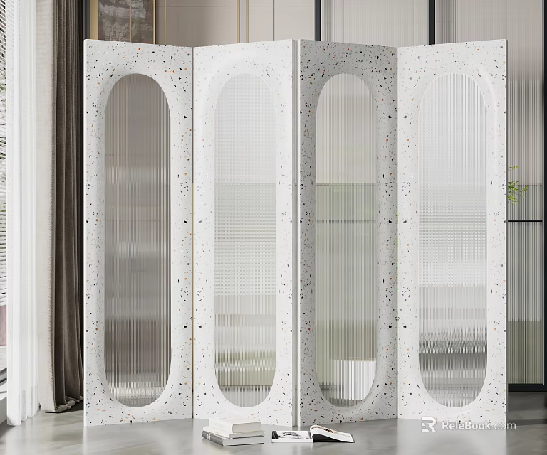 Modern Four Panel Room Divider With White Speckled Frame And Transparent Panels 3d model