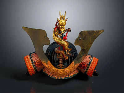 Traditional Samurai Helmet With Golden Dragon Ornament Wing Shaped Sides Red And Orange Decorative Bands 3d model