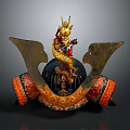 Traditional Samurai Helmet With Golden Dragon Ornament Wing Shaped Sides Red And Orange Decorative Bands