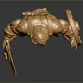 Golden Muscular Warrior Statue Holding Sword And Shield On Black Background