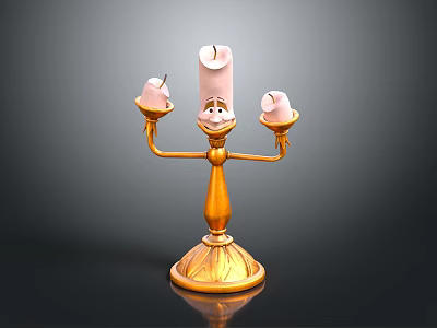Cartoon Style Candelabra Featuring Anthropomorphic Face Three Candles Golden Stand And Decorative Details 3d model