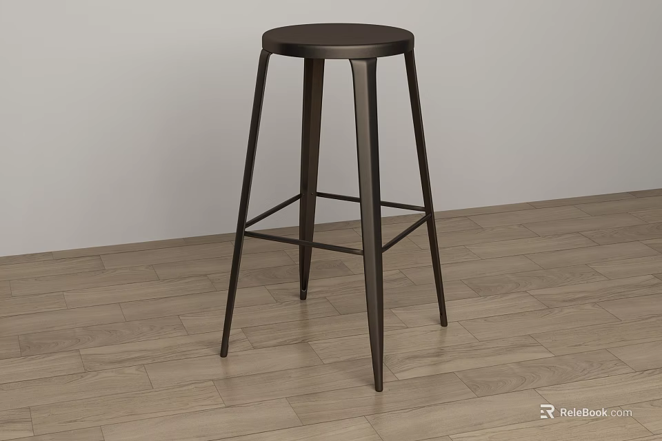 Modern Black Bar Stool With Round Seat Slim Legs And Cross Support On Wooden Floor 3d model 