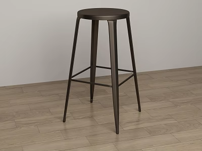 Modern Black Bar Stool With Round Seat Slim Legs And Cross Support On Wooden Floor 3d model