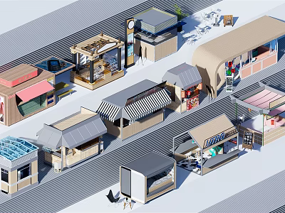 Diverse Small Retail Kiosks With Various Roof Designs And Outdoor Market Setup 3d model