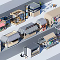 Diverse Small Retail Kiosks With Various Roof Designs And Outdoor Market Setup