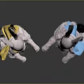 White Bunny Stuffed Toys With Yellow And Blue Bows Standing On Dark Surface