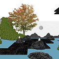 Modern Garden Landscape Design With Green Shrubs Water Pond Stone Rocks And Wooden Deck