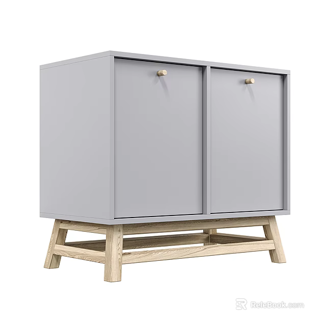 Modern Entryway Side Cabinet with Gray Doors Golden Handles and Wooden Legs 3d model 