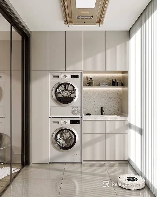 Modern Home Balcony Featuring Double Washing Machines White Cabinets Stone Countertop Built-in Storage and Blinds 3d model 