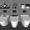 Modern White Toilets in Bathroom with Grey Wall Shelves Toiletries and Mirror