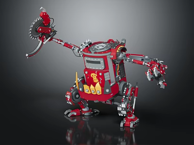 Smart Red Robot With Saw Arm Mechanical Body And Yellow Patterns 3d model