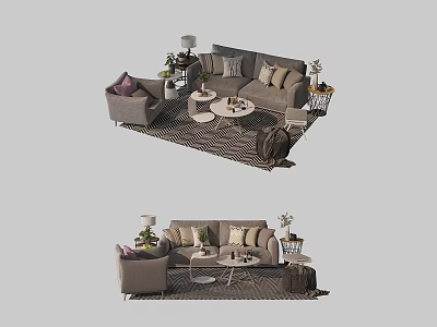 Modern Stylish Sofa Coffee Table Set With Armchair Floor Lamp Potted Plant And Throw Pillows 3d model