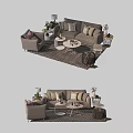 Modern Stylish Sofa Coffee Table Set With Armchair Floor Lamp Potted Plant And Throw Pillows