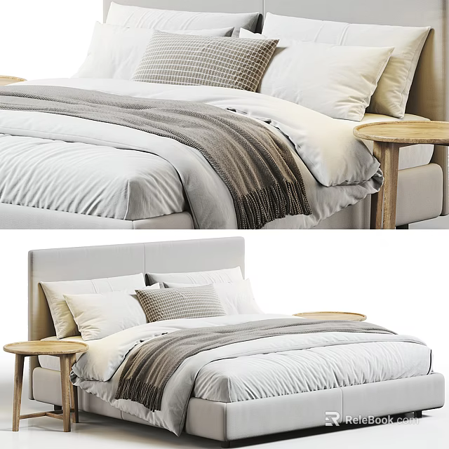 Modern Double Bed With White Bedding Gray Throw Pillows And Wooden Nightstands 3d model 