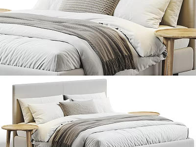 Modern Double Bed With White Bedding Gray Throw Pillows And Wooden Nightstands 3d model