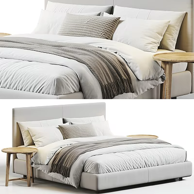 Modern Double Bed With White Bedding Gray Throw Pillows And Wooden Nightstands 3d model