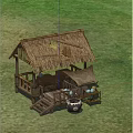 Rustic Wooden Hut with Thatched Roof Veranda Steps and Clay Pot