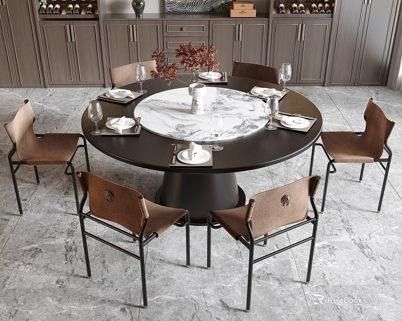 Round Dining Table And Six Chairs Set With Marble Top Black Frame Brown Leather Seats 3d model 