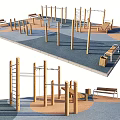 Outdoor Wooden Playground Equipment With Climbing Frames Horizontal Bars Benches And Colorful Floor Mats