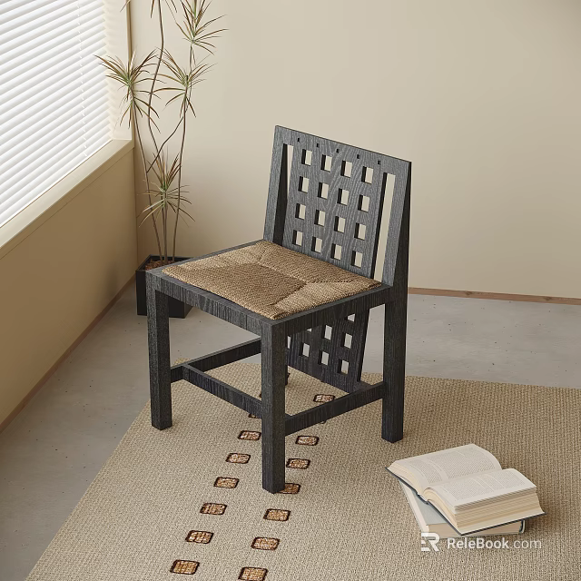 Stylish Single Chair With Lattice Back Woven Seat And Window Side Plant Rug 3d model 
