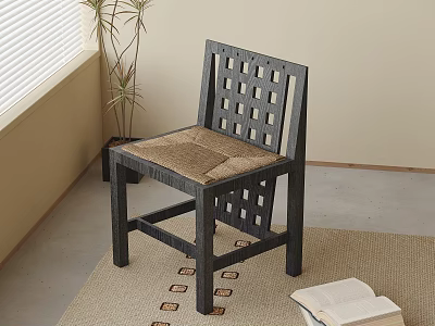 Stylish Single Chair With Lattice Back Woven Seat And Window Side Plant Rug 3d model