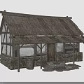 Thatch Roof Cottage With Stone Walls Wooden Frame And Stone Slabs Path