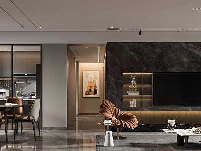 Elegant Modern Living Dining Room Interior With Marble Wall Comfortable Sofa Dining Table And Decorative Painting 3d model