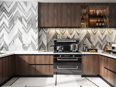 Modern Kitchen Interior With Wooden Cabinets Geometric Tile Backsplash White Countertop And Gas Stove 3d model