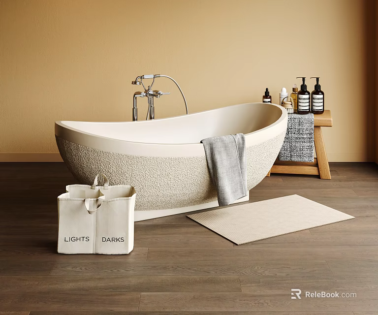 Textured Neutral Freestanding Bathtub With Modern Chrome Faucet Gray Towel Wooden Shelf And Floor Mat 3d model 