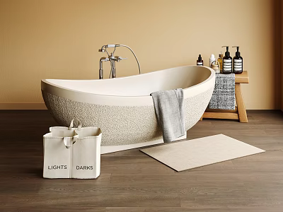 Textured Neutral Freestanding Bathtub With Modern Chrome Faucet Gray Towel Wooden Shelf And Floor Mat 3d model
