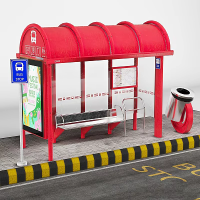Garden Ornaments Near Red Bus Shelter With Metal Bench Trash Can And Stripes 3d model